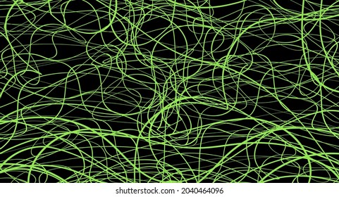 Green chaotic lines background. Hand drawn lines. Tangled chaotic pattern. Vector illustration.