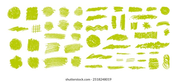Green charcoal scribble set. Grungy organic textures. Vector hand-drawn chalk textured lines, circles, squares, abstract scratches and scribbles for eco bio health food package and identity