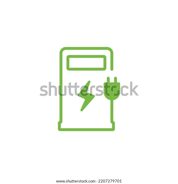 Green charging point station for\
hybrid car. Plug-in electric vehicle charging line icon isolated on\
white background. Eco friendly vehicle concept.\
vector