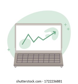 Green chart going up in laptop vector illustration flat cartoon design modern style