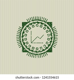 Green chart icon inside distress rubber seal with grunge texture