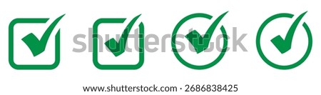 Green check box icon with correct, accept button. Checkmark icons green tick box, check list circle frame, checkbox symbol sign. Check mark box square frame. Green check mark icon in a box.