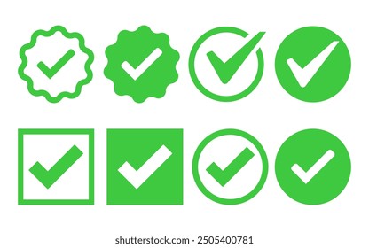 Casilla de verificación verde marca de verificación círculo cuadrado conjunto de iconos Botón correcto Botones correctos marca de verificación Vector plano ilustración permiso concepto aceptado positivo
