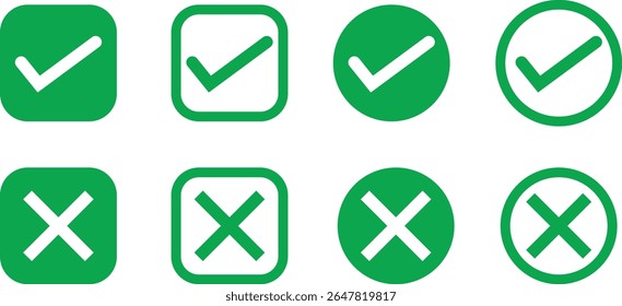 Green check and cross mark icons in various circle and square styles for UI, apps, and web design. Includes correct and incorrect symbols in flat vector. Ideal for interface or decision visuals.