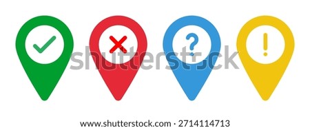 green check icon, red cross symbol, blue question mark, yellow exclamation point, navigation vector solid signs, map location pins