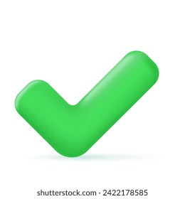 Green check mark 3d icon. Agreement symbol of user approval and trust. Positive online voting and successful testing. Quality rate and web authorization. Minimalistic isolated vector.