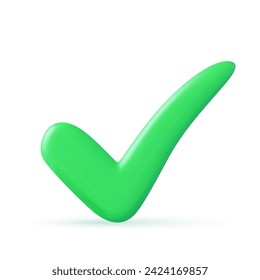 Green check mark 3d icon. Agreement symbol of user approval and trust. Positive online voting and successful testing. Quality rate and web authorization. Minimalistic isolated vector.