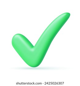 Green check mark 3d icon. Agreement symbol of user approval and trust. Positive online voting and successful testing. Quality rate and web authorization. Minimalistic isolated vector.