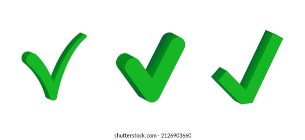 Marca de verificación verde 3d. Conjunto de iconos verdes con marcas de verificación aisladas en fondo blanco. Vector clipart.