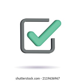 Green check mark 3d vector icon. Agreement symbol of user approval and trust. Positive online voting and successful testing.