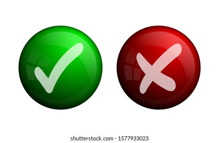 Green check mark, approval mark. Red cross, rejection sign. Vector shiny glass button. Shiny Green checkmark and red cross badge.