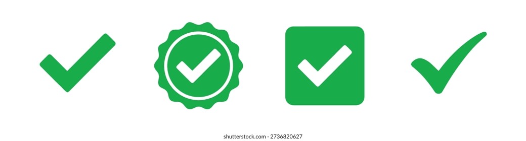 Green Check Mark Approval and Verification Icons Set in Flat Vector Style. 
