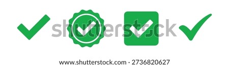 Green Check Mark Approval and Verification Icons Set in Flat Vector Style. 