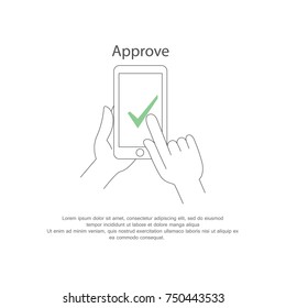 Green check mark "approve" on phone screen isolated on white background. Men holding and pointing with finger. Hand touching a screen. For app, application, web site, ui and internet