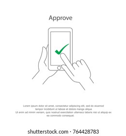 Green check mark "approve" on phone screen isolated on white background. Men holding and pointing with finger. Hand touching a screen. For app, application, web site, ui and internet