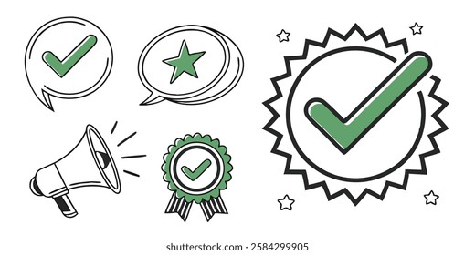 Green Check Mark Approved Symbol with Megaphone, Star, and Award Icons for Positive Feedback and Quality Assurance