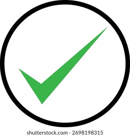 Green check mark in black box icon on white background, minimal vector tick symbol representing success, validation, or positive action, flat modern digital design for approval 