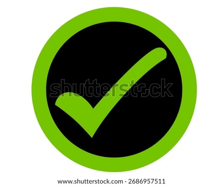 Green check mark in a black circle on a white background signifies approval