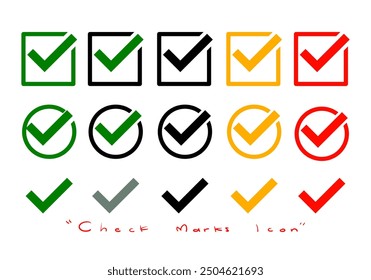 Green check mark, check box, circle and square icon, sign and symbol vector. Accept, check list set icons.