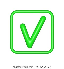 Green check mark in check box realistic 3d plastic shiny icon vector illustration isolated. Tick icon