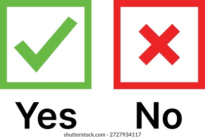 Marca de verificación verde en el cuadro y cruz roja en el cuadro con Casilla de verificación de texto Sí No