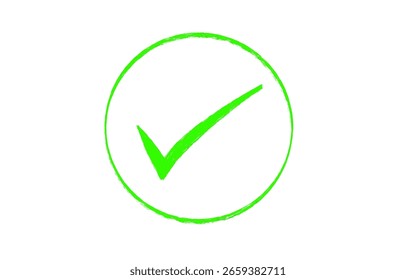 Green check mark with brush stroke in circle, isolated element