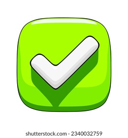 Botón de marca de verificación verde con garrapata blanca, vista frontal. Ilustración vectorial 3D simple en fondo blanco