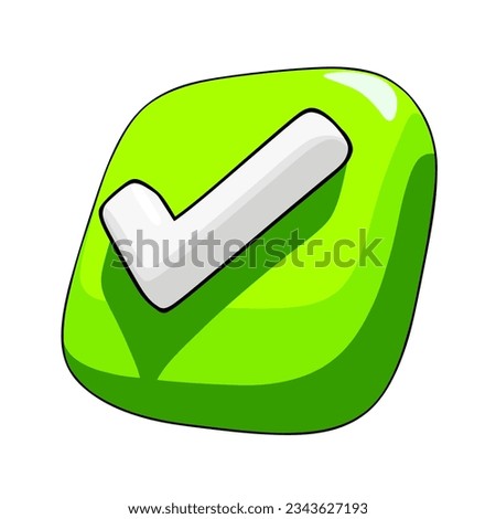 Green check mark button with white tick, three-quarter view. Simple 3D vector illustration on white background