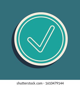 Green Check mark in circle icon isolated on blue background. Choice button sign. Checkmark symbol. Long shadow style. Vector Illustration