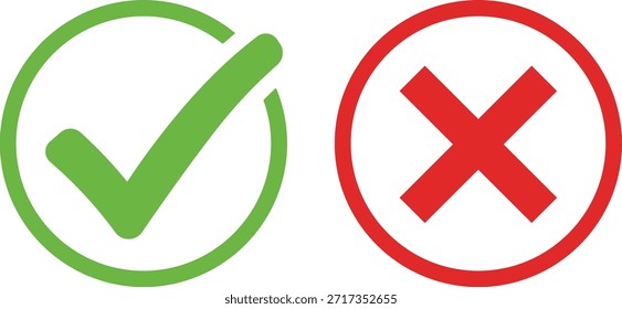 Marca de verificación verde en círculo y cruz roja en círculo sobre fondo blanco correcto