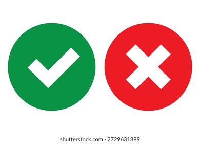 Círculo de marca de verificación verde y círculo de marca de cruz roja sobre fondo blanco
