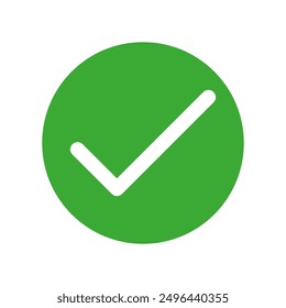 Green check mark. Circular approval icon. Validation symbol vector. Confirmed tick illustration.