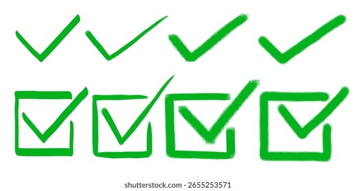 Colección de marca de verificación verde. Iconos de marca de verificación dibujados a mano establecidos Ilustración vectorial