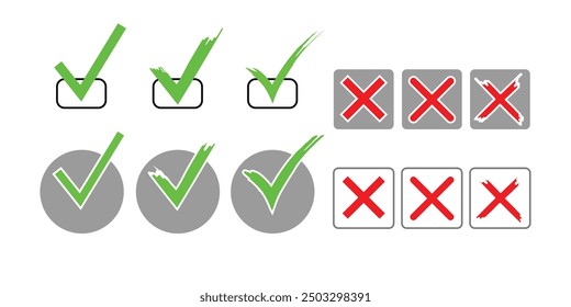 Green check mark collection and red crosses icon vector illustration, isolated on white background.	