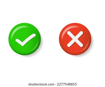 Green check mark and cross buttons. 3d vector buttons