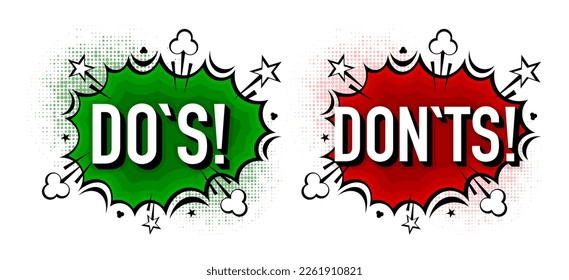 Green check mark and cross mark symbol in pop style in boom bubble. Simple dos and donts sign, accepted and rejected. Vector illustration.