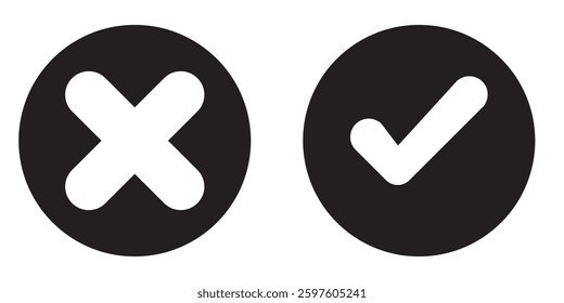 Green check mark and cross x isolated on white background