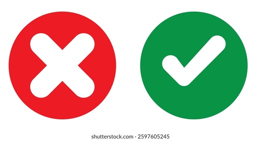 Green check mark and cross x isolated on white background