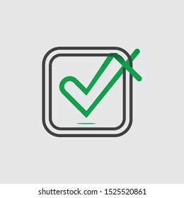 green check mark crosses over the black striped box. check the isolated right symbol on a white background. vector illustration