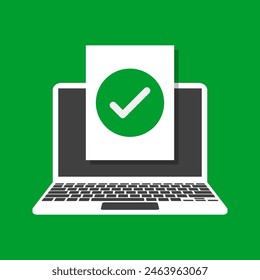 green check mark displayed on laptop screen, success or accepted pictogram, flat design vector illustration
