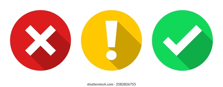 Green check mark, exclamation point, red cross, x mark icons set. flat style right and wrong and bang sign with long shadow effect in round shape. Circle tick mark symbol vector illustration.