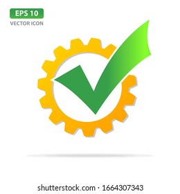 Green check mark with gear icon in white background. Approve or Accept symbol, vector illustration