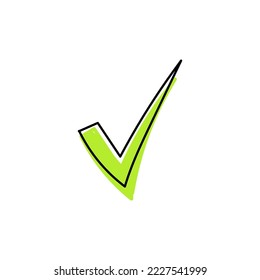 Icono de marca de verificación verde dibujado a mano. Esbozar símbolo de voto y aprobación con el resultado de doodle decorativo minimalista correcto de vector