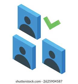 Green check mark hovering over a chosen candidate profile among other applicants, concept of recruitment and human resources