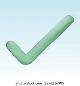 Green check mark icon. 3D vector illustration isolated on light blue background. Approve, evaluation,  positive action, decision, approval, assessment or agreement concept.