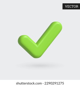 Green check mark icon 3d. Sign positive in plastic cartoon style. Design element. Vector illustration.