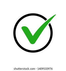 Green check mark icon in a black circle. Tick symbol in green color, vector illustration. Green check mark icon in a black circle. Tick symbol in green color, vector illustration.