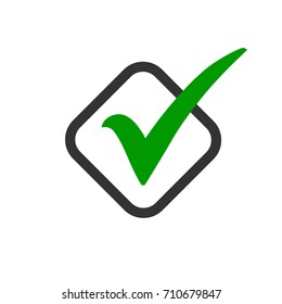 Green check mark icon in a black outlined box. Tick symbol in green color, vector illustration.