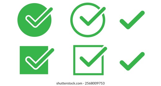 green check mark icon, check box icon set. circle and square. correct, accept checkmark icons  . 111