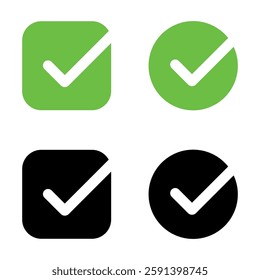 Green check mark icon, check box icon set.Transparent background.Circle and square. tick box symbol in green with correct, accept checkmark icons, check list circle frame - checkbox symbol vector sign
